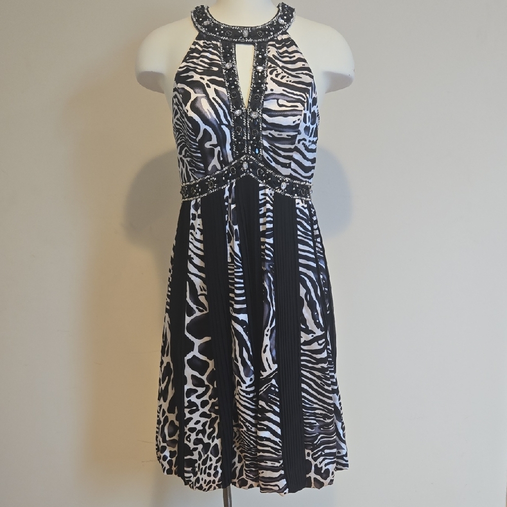 Sue Wong Black and White Animal Print Mini Dress
